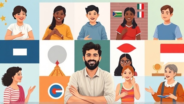 An interactive virtual language exchange session with participants from different cultural backgrounds engaging in language conversations, sharing virtual language resources, and celebrating linguistic diversity, promoting a sense of global connection and learning.