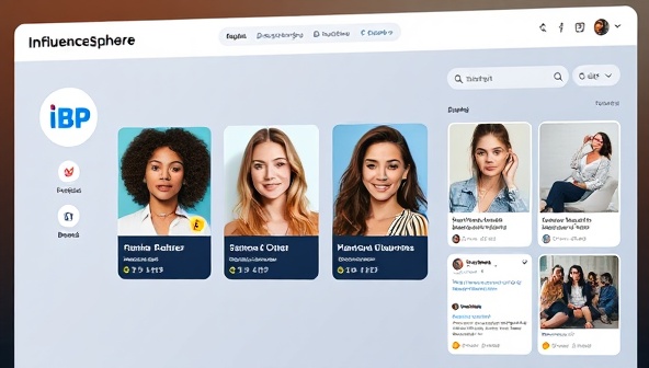 A digital interface displaying profiles of diverse influencers with engagement metrics, next to a brand logo and social media content samples, showcasing the seamless connection between influencers and brands within InfluenceSphere.