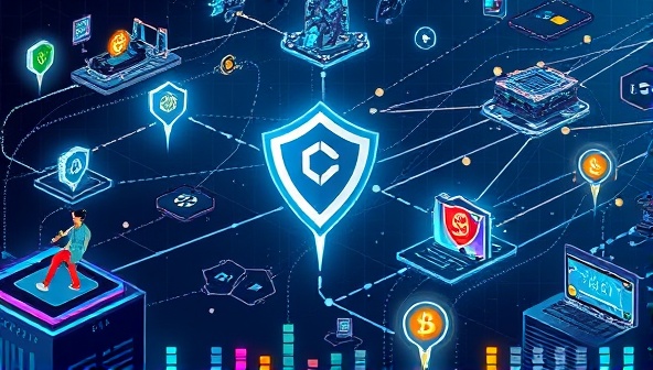 An artistic representation of a futuristic gaming world interconnected with blockchain technology, showcasing digital assets and cryptocurrency rewards flowing between players and games, illustrating the innovative and decentralized nature of CryptoQuest Rewards.