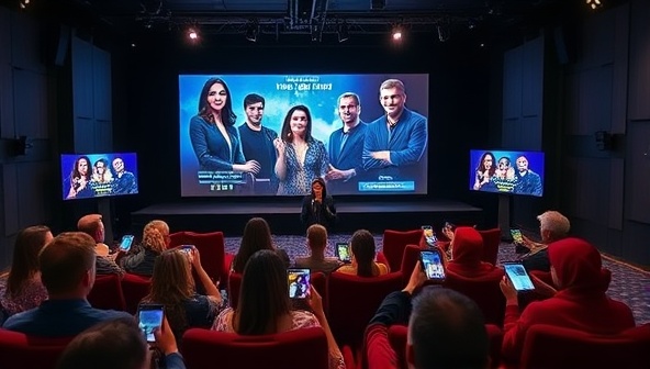 An immersive theater setup with a large screen displaying an interactive movie, audience members using handheld devices to place bets on character decisions, a live host facilitating the event, and a dynamic atmosphere of excitement and engagement, capturing the essence of the interactive betting theater.