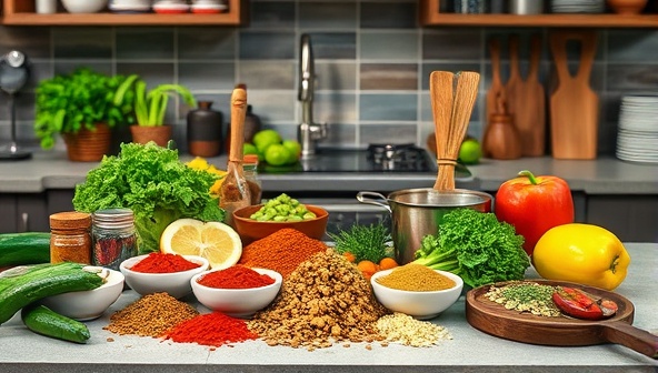 An enticing cooking setup with a variety of exotic spices, fresh produce, and cooking utensils laid out on a kitchen counter, ready for a virtual culinary journey around the world, showcasing the essence of Global Flavor Academy.