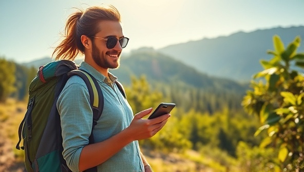 A vibrant outdoor scene with a backpacker charging their phone using a sleek solar-powered charger under the sun, surrounded by lush greenery and mountains in the background, illustrating freedom and sustainability.