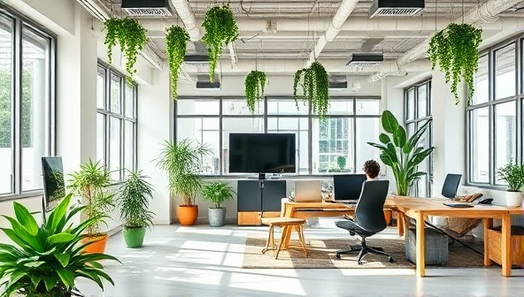 An office setting with sustainable design elements such as energy-efficient lighting, indoor plants, and recycled furniture, symbolizing eco-friendly business practices and a green work environment.