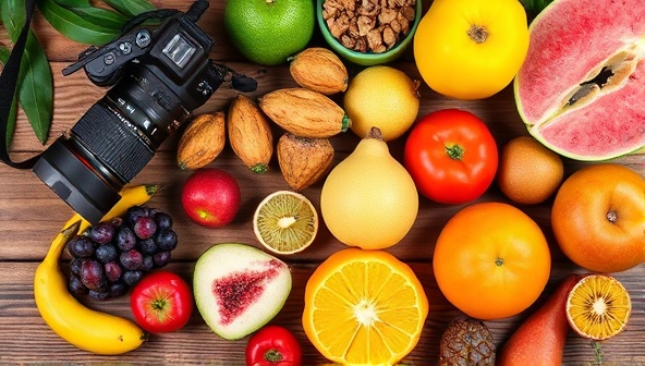 A visually captivating flat lay composition featuring an assortment of colorful fruits, props, and a professional camera setup on a rustic wooden table, capturing the essence of a food photography workshop in progress, blending creativity and technical expertise.