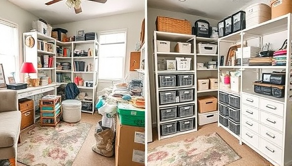 A cluttered room transformed into a beautifully organized and functional space through virtual home organization services, featuring labeled containers, streamlined storage solutions, and a sense of calm and order, illustrating the transformative power of decluttering.
