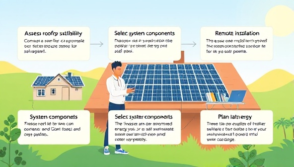 A virtual solar panel installation consultation illustration showing a consultant guiding a client through the process of assessing rooftop suitability for solar panels, selecting system components, and planning a remote installation, emphasizing expertise and personalized support in sustainable energy solutions.