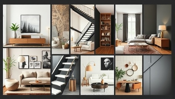 An elegant digital mood board showcasing various design elements such as furniture, color schemes, and textures, creating a visually appealing and cohesive interior concept.