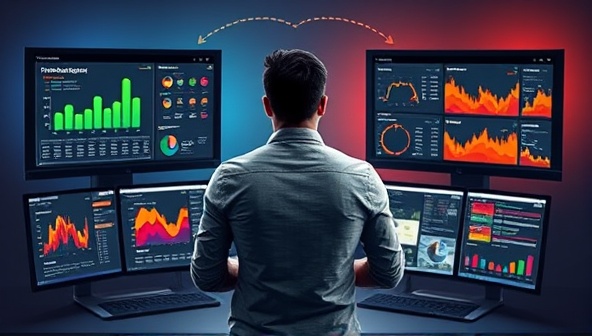 An artistic representation of a designer surrounded by screens displaying data analytics dashboards, user heatmaps, and design mockups, symbolizing the seamless integration of data insights into the creative process of DataCraftWeb's personalized web design services.