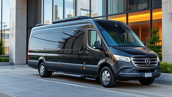 An elegant black luxury shuttle with a chauffeur waiting at a pristine corporate office entrance, showcasing the sophisticated and exclusive transportation experience provided by CommuteCare Concierge.
