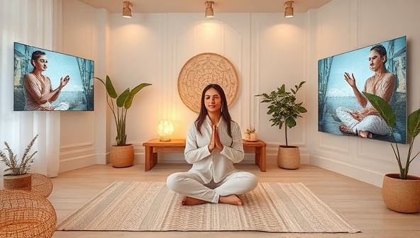 A serene virtual wellness retreat scene with a wellness coach leading a meditation session, surrounded by calming decor, natural elements, and digital screens displaying relaxation exercises, creating a tranquil and rejuvenating ambiance.