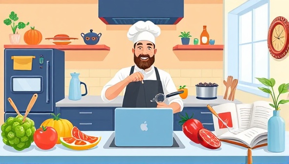 A vibrant digital illustration featuring a virtual kitchen setting with a chef demonstrating a cooking technique, surrounded by fresh ingredients, cooking utensils, and a digital recipe book, evoking the joy and creativity of culinary experiences online.