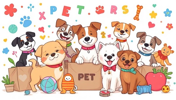 An adorable and colorful illustration of playful pets surrounded by a variety of pet toys, treats, and accessories, conveying joy, excitement, and the idea of a surprise-filled subscription box tailored for furry companions.
