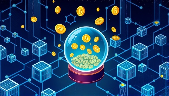 An illustration showing interconnected blocks representing blockchain technology, with digital coins flowing into a crystal ball symbolizing predictions, conveying the concept of CryptoPredict as a futuristic and secure prediction market.