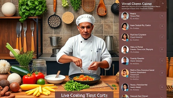 An appetizing visual representation of a virtual cooking class with a chef demonstrating a recipe, surrounded by ingredients, utensils, and a live chat feed of participants interacting and sharing cooking tips, creating a vibrant and educational culinary experience.