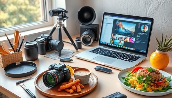 A creative workspace with a photography setup featuring a DSLR camera, various food props, a laptop displaying editing software, and a beautifully styled food composition, with natural lighting enhancing the scene, representing the artistry and precision of food photography.