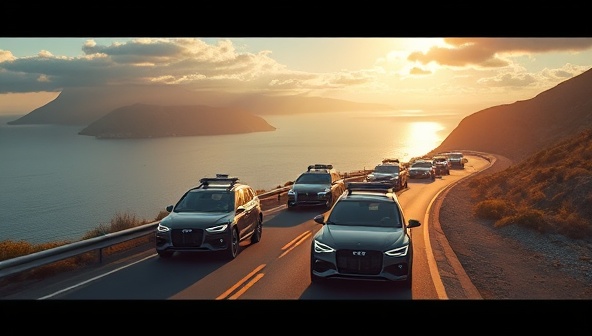 An enticing visual representation of a convoy of self-driving cars cruising along a picturesque coastal road with panoramic views, showcasing the immersive and exhilarating travel experiences offered by AutoQuest Expeditions in a seamless blend of adventure and technology.
