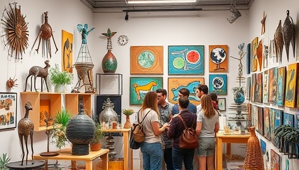 An art gallery space filled with unique recycled artworks, from sculptures made of repurposed metal to paintings created using recycled materials, with visitors admiring the creativity and sustainability of the pieces on display.