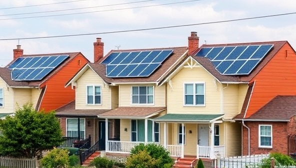 A row of houses with solar panels installed on their rooftops, interconnected with a shared energy grid, symbolizing community collaboration and sustainable energy production through the SolarUnity Co-op program, creating a visually impactful representation of neighborhood solar empowerment.