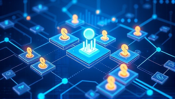 A futuristic digital illustration depicting a network of interconnected blocks symbolizing blockchain technology, with digital currency icons flowing through the blocks, illustrating the concept of decentralized finance and innovation, creating a visually captivating representation of blockchain disruption.