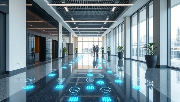 An office lobby with a sleek and modern design featuring EnerFloor Innovations' kinetic energy harvesting flooring, with subtle indicators showcasing how the movement of people generates electricity, symbolizing innovation and sustainability.