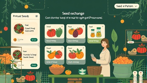 An interactive digital illustration of a virtual seed exchange platform where users can browse seed listings, engage in seed swap discussions, and connect with fellow gardeners, fostering a sense of community and seed diversity preservation.