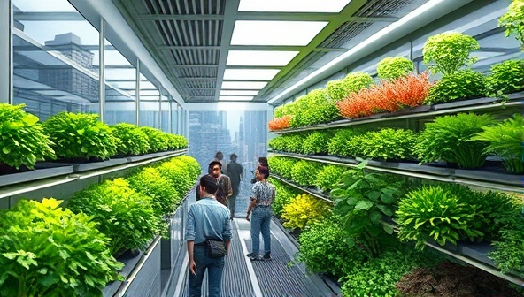 An artistic rendering of a sleek, futuristic vertical farm in the heart of a bustling city, with an array of vibrant crops growing vertically under artificial lighting, showcasing innovation and sustainability.