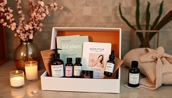 An elegant travel wellness subscription box featuring travel-sized wellness products, herbal teas, aromatherapy oils, and a relaxation guide, presented against a backdrop of serene spa ambiance, invoking a sense of tranquility and rejuvenation for travelers.