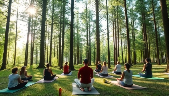 A tranquil yoga session in a lush forest clearing, with participants practicing meditation and mindfulness surrounded by tall trees, soft sunlight filtering through the leaves, creating a serene and harmonious atmosphere of relaxation and inner connection.