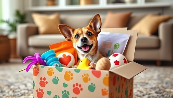 An adorable image of a wagging tail poking out from a beautifully wrapped subscription box filled with colorful pet toys and treats, set against a backdrop of a cozy living room, evoking joy and anticipation.