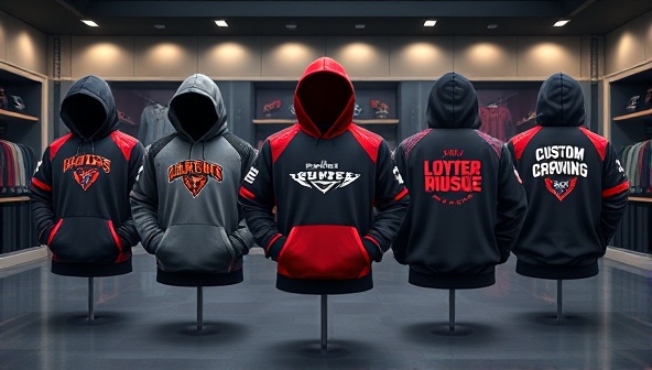 An artistic representation of custom esports apparel designs, featuring a lineup of personalized jerseys, hoodies, and hats with intricate team logos, player names, and vibrant colors, displayed in a professional and sleek virtual showroom setting, showcasing the premium quality and customization options offered by Elite Threads.