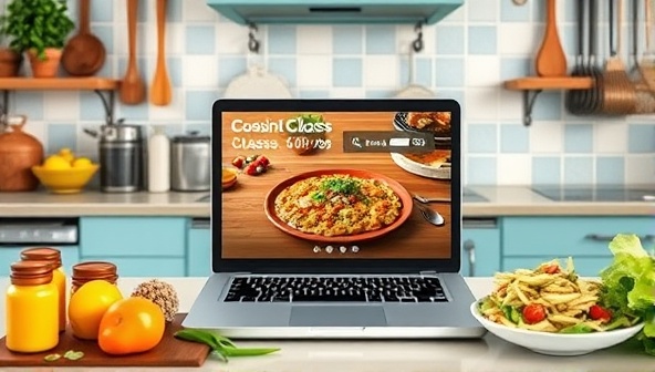 A vibrant and inviting kitchen setting with various ingredients, utensils, and a laptop displaying a live cooking class, showcasing a diverse culinary experience.