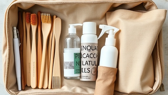 An assortment of eco-friendly travel essentials, including bamboo toothbrushes, refillable toiletry bottles, and reusable shopping bags, arranged in a sustainable travel kit with earthy tones and natural textures, reflecting a commitment to green travel practices.