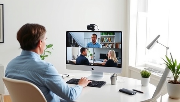 An image of a candidate in a home office setup, confidently engaging in a virtual interview with a professional coach providing feedback on a split-screen, highlighting the remote coaching experience of RemoteInterviewPro.