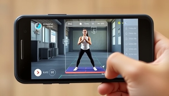 An AR fitness gaming platform interface displayed on a smartphone, showing a user engaging in a virtual workout session with interactive AR elements, fitness challenges, and gamified fitness goals overlaid on a real-world setting, blending fitness and gaming in a dynamic and immersive experience.