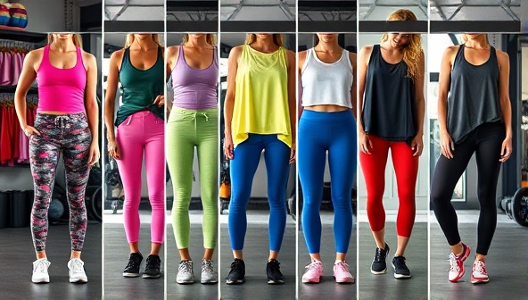 A dynamic collage showcasing a variety of workout outfit ensembles, featuring colorful leggings, breathable tops, supportive sports bras, and stylish sneakers, against a backdrop of fitness accessories and gym equipment, capturing the energy and vibrancy of the virtual fitness apparel styling service.