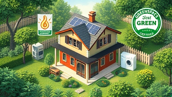 An artistic representation of a green-certified property surrounded by lush vegetation, solar panels on the roof, and energy-efficient appliances, illustrating the eco-friendly features and sustainability initiatives recognized by GreenSpace Certified.