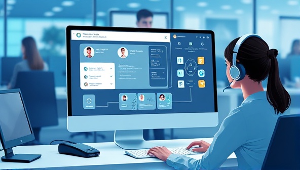 An illustration of a sleek virtual assistant interface on a computer screen, interacting with a customer service representative in a call center environment, demonstrating the efficiency and intelligence of CommAI Assist in telecommunication interactions.