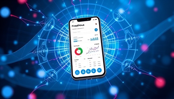 An imaginative visualization of FinanceFocus+, showcasing a mobile screen with financial planning tools, investment charts, and goal trackers, surrounded by a digital aura symbolizing financial empowerment and focus through the app.