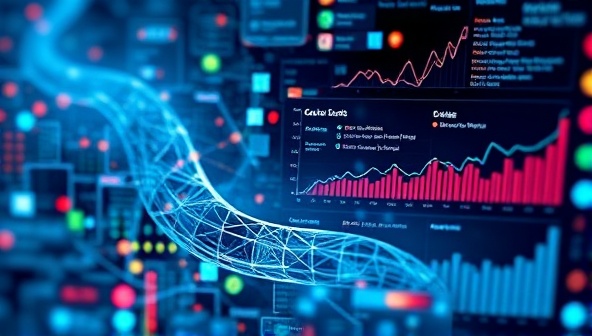 An abstract visualization of data streams merging into content creation tools, with graphs and charts displaying performance metrics and optimization suggestions, symbolizing data-driven content marketing strategies.