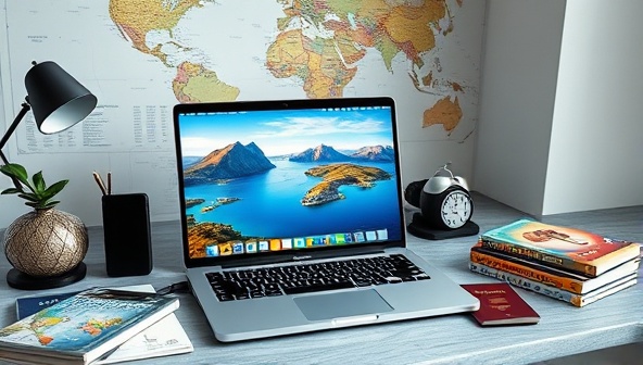 A sleek and modern home office setup with a laptop displaying stunning travel destinations on the screen, surrounded by travel guides, a world map, and a passport, evoking a sense of adventure and wanderlust.