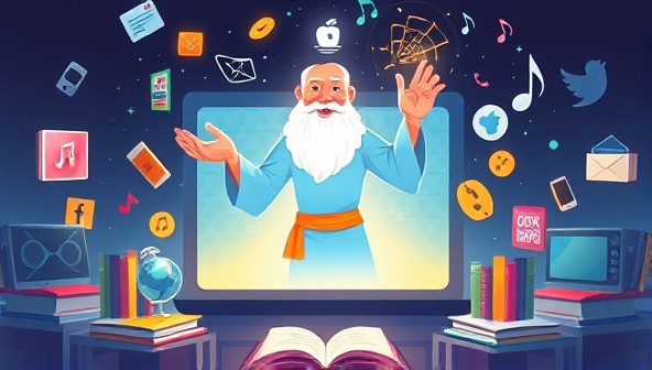 An illustration of a digital genie emerging from a screen, surrounded by a variety of media content such as books, videos, and music, symbolizing personalized content suggestions and magic at the user's fingertips.