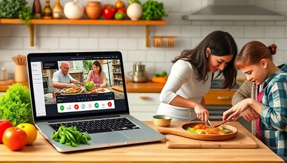 A colorful kitchen setup with fresh ingredients, a laptop displaying a live cooking class, and a family happily cooking together, showcasing the fun and interactive nature of Chef Connect's virtual cooking classes and meal kits.