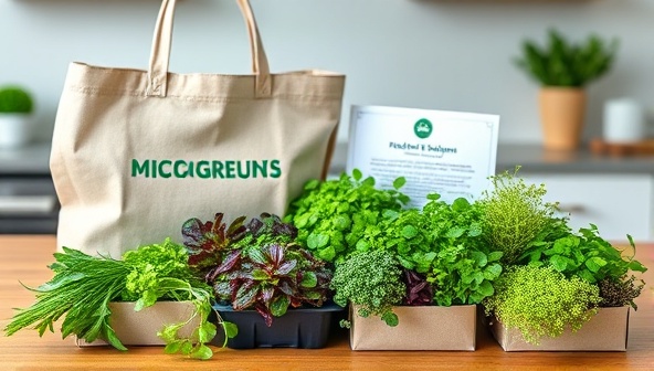 A vibrant assortment of fresh microgreens neatly arranged in eco-friendly packaging, with a reusable delivery bag and a personalized recipe card, showcasing the convenience and freshness of the subscription service, set against a modern kitchen backdrop.