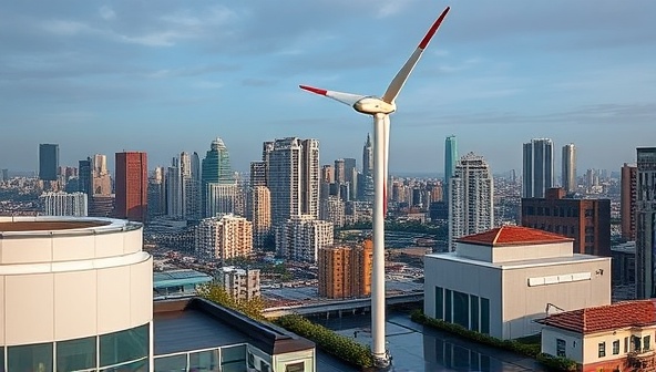 An urban rooftop landscape featuring a sleek and modern wind turbine spinning gracefully against the backdrop of a city skyline, capturing the essence of renewable energy integration in urban living spaces with a touch of futuristic elegance.