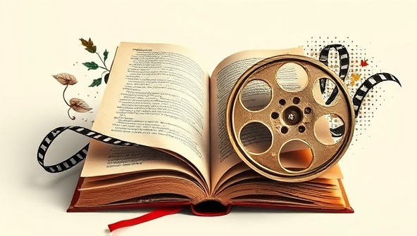 An artistic representation of a book and film reel merging into each other, symbolizing the seamless transition from literature to visual storytelling, with cinematic elements and literary motifs intertwining, capturing the essence of creativity, adaptation, and collaboration at CineLit Consultancy.