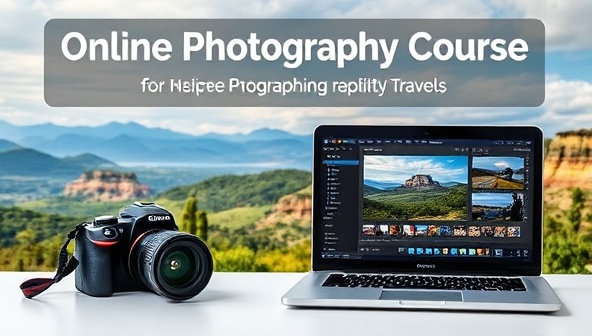 An online photography course banner featuring a picturesque landscape shot, a camera, and a laptop displaying photo editing software, inspiring creativity and learning in travel photography.