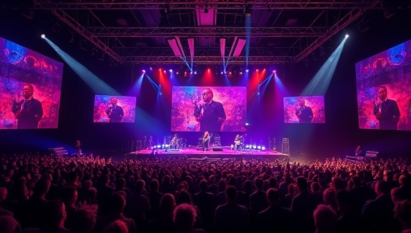 An immersive virtual concert setting with a stage, crowd animations, and visual effects, showcasing a dynamic and engaging live music experience that subscribers can enjoy from their devices.