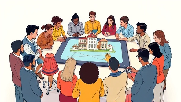 An illustration of diverse community members gathering around a digital platform displaying real estate investment opportunities, engaging in discussions, and exchanging ideas, symbolizing collaboration, diversity, and shared financial growth within CommuniInvest.