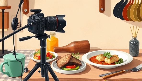 An artistic digital illustration featuring a professional set-up for food photography, with a camera, various props, and beautifully styled dishes ready to be captured, conveying the essence of creativity and visual storytelling in culinary art.