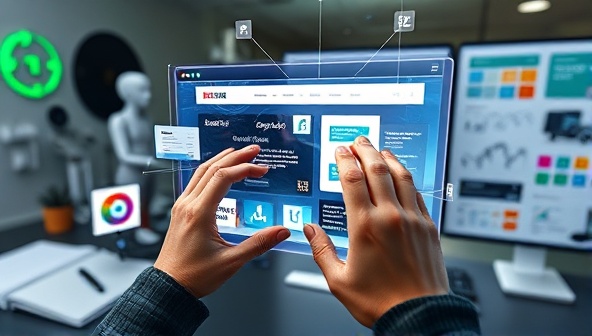 An AR interface displaying a user manipulating virtual website elements in a real environment, surrounded by digital tools and design assets, illustrating the seamless integration of AR technology in the web design process and the creative possibilities it offers.